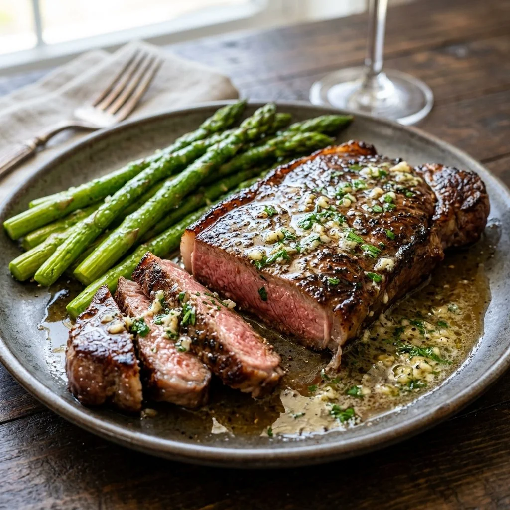 Delicious garlic butter steak with asparagus on a plate