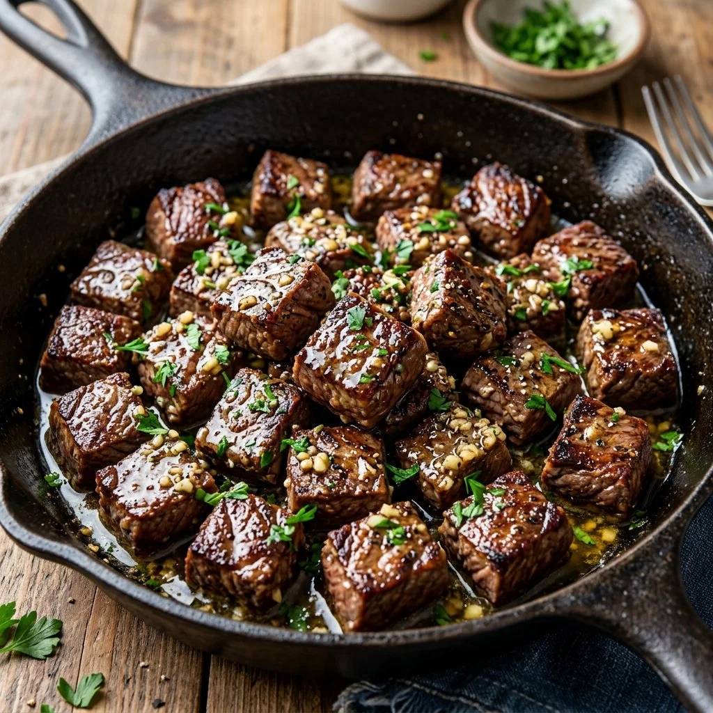 Delicious garlic butter steak bites served on a plate.