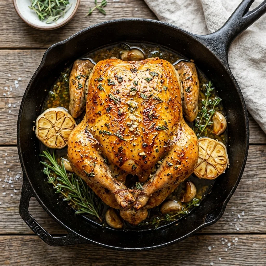 Garlic Herb Roasted Chicken served with fresh herbs and spices