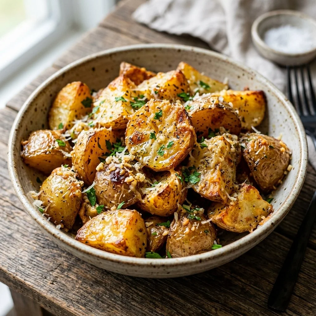 Delicious Garlic Parmesan Roasted Potatoes garnished with herbs