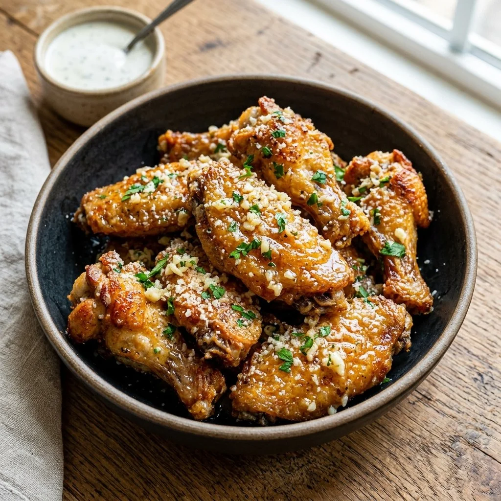 Delicious Garlic Parmesan Wings garnished with herbs and served hot.