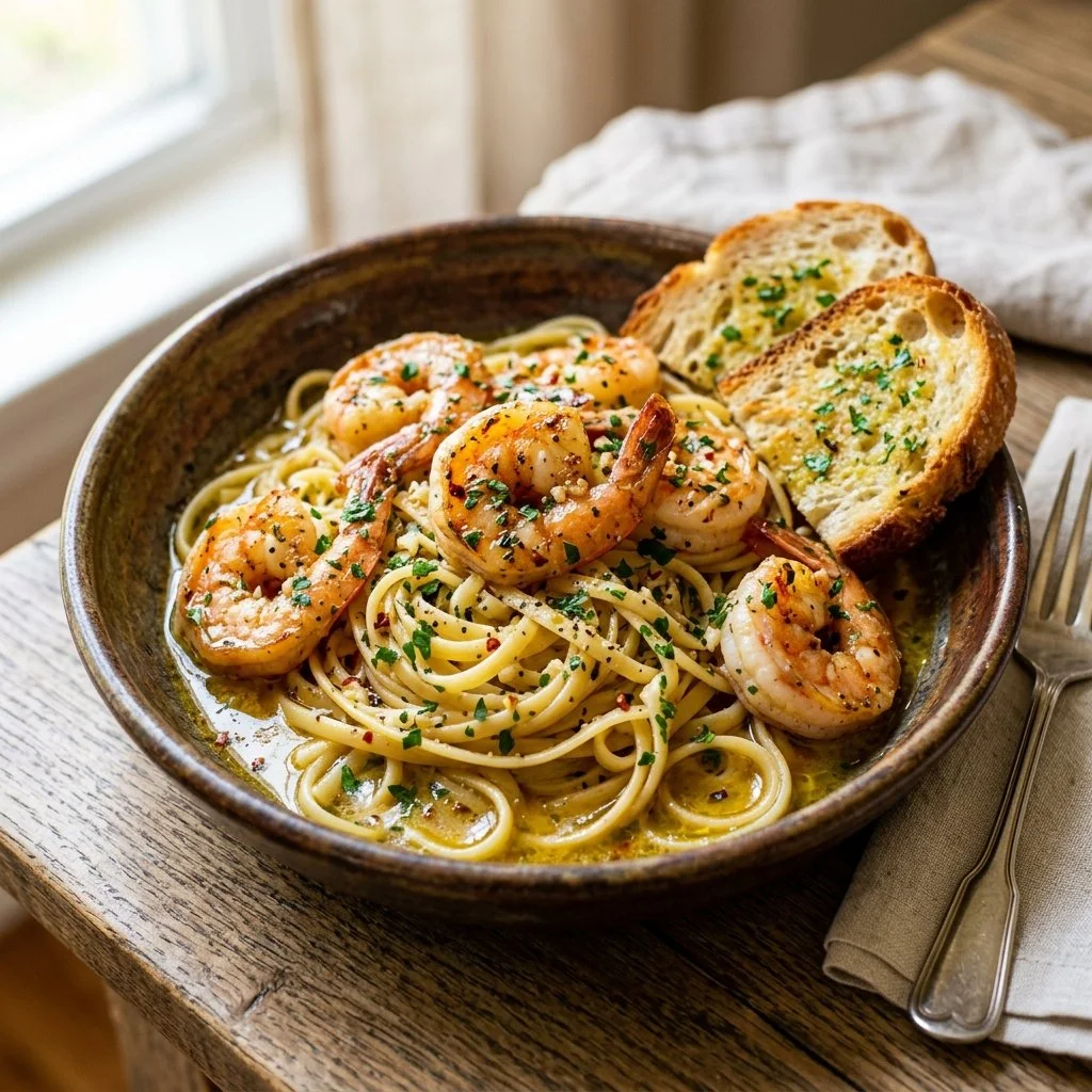 Plate of Garlic Shrimp Scampi with parsley and lemon