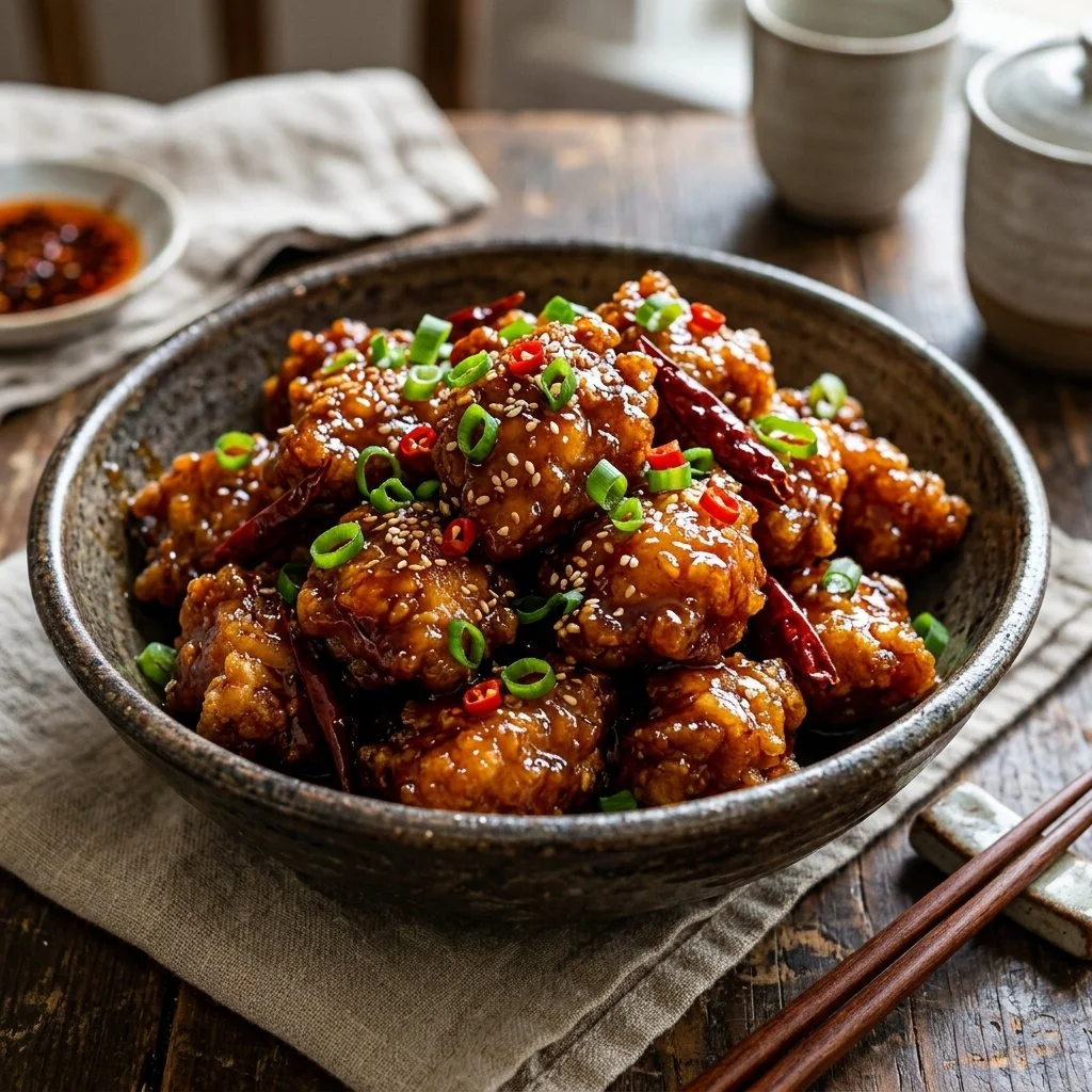 Delicious General Tso Chicken served with rice and vegetables