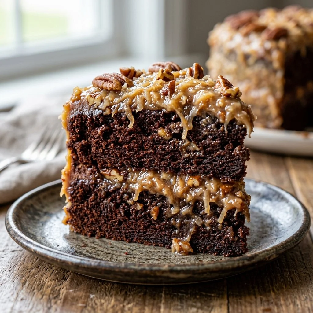 Delicious German Chocolate Cake with coconut and pecan frosting