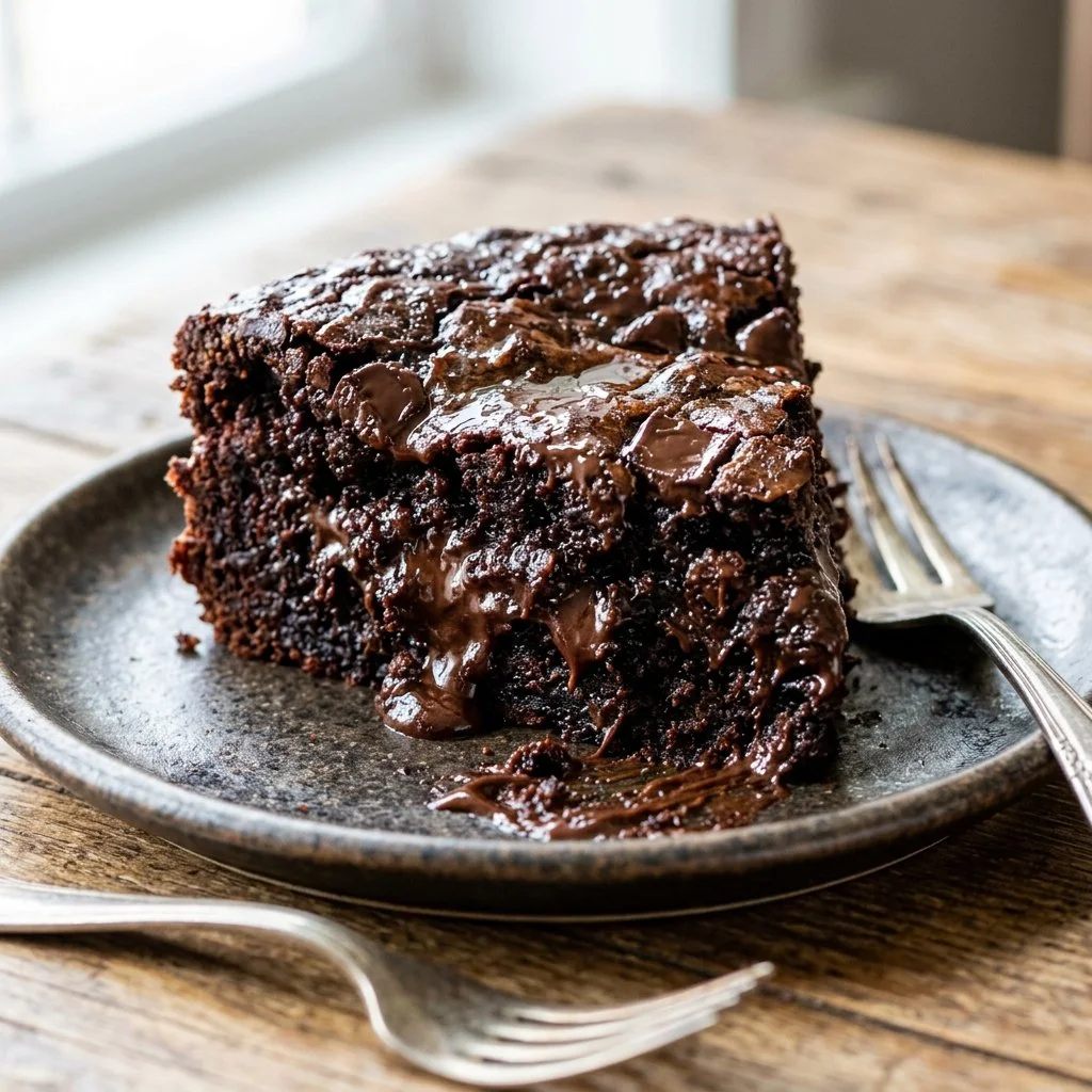 Gooey chocolate butter cake topped with chocolate frosting and served on a plate