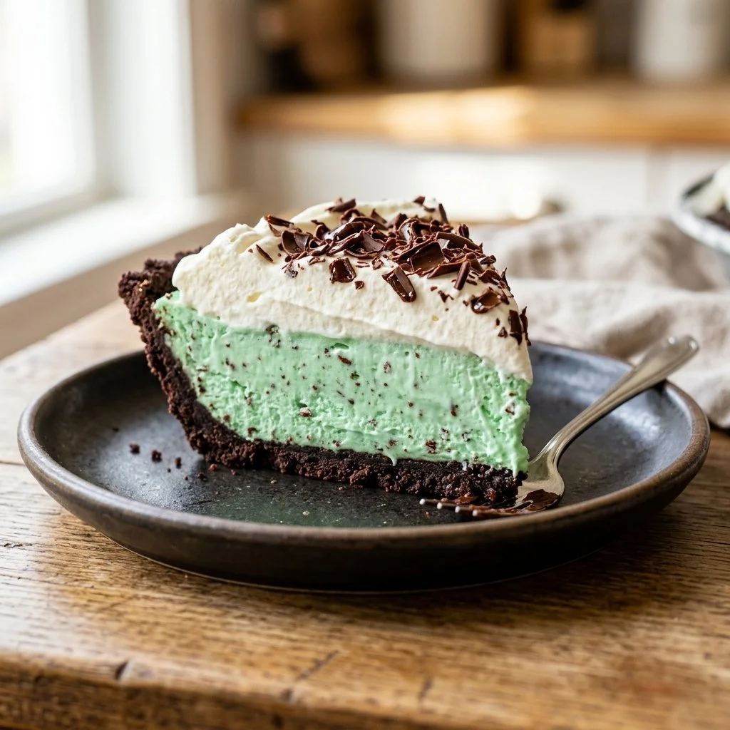 Delicious Grasshopper Pie with mint and chocolate filling on a serving plate