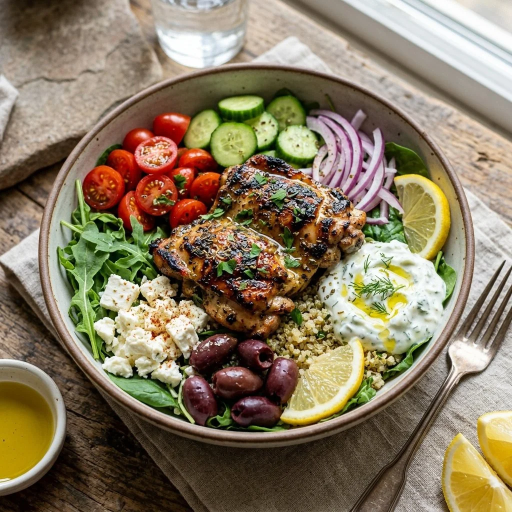 Delicious Greek Chicken Bowl with fresh vegetables and herbs