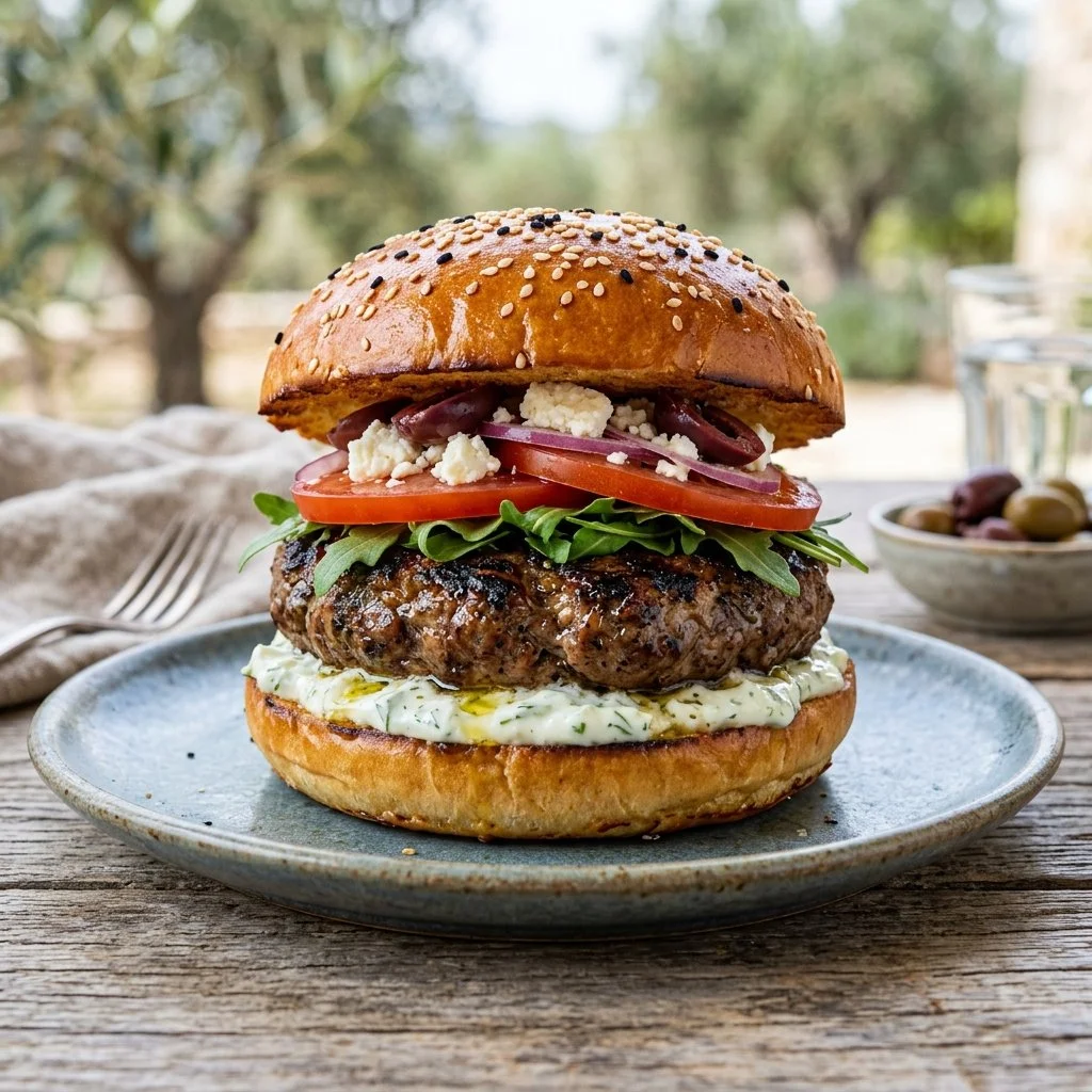 Delicious Greek Lamb Burger served with fresh toppings and sauces