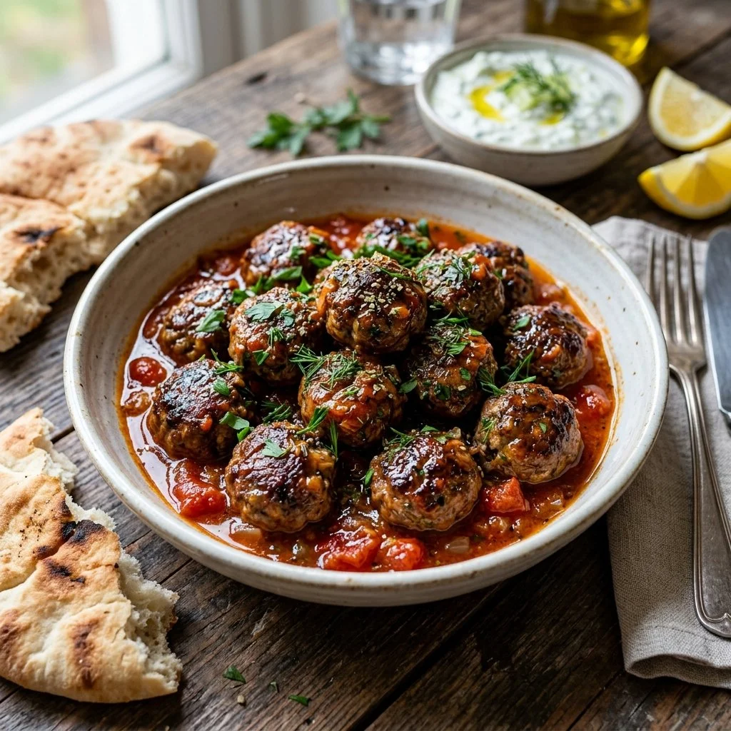 Plate of flavorful Greek Meatballs garnished with herbs and served with sauce.