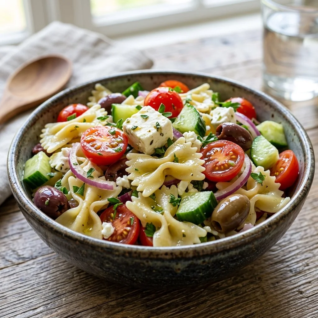 Delicious Greek Pasta Salad with olives, feta, and colorful vegetables