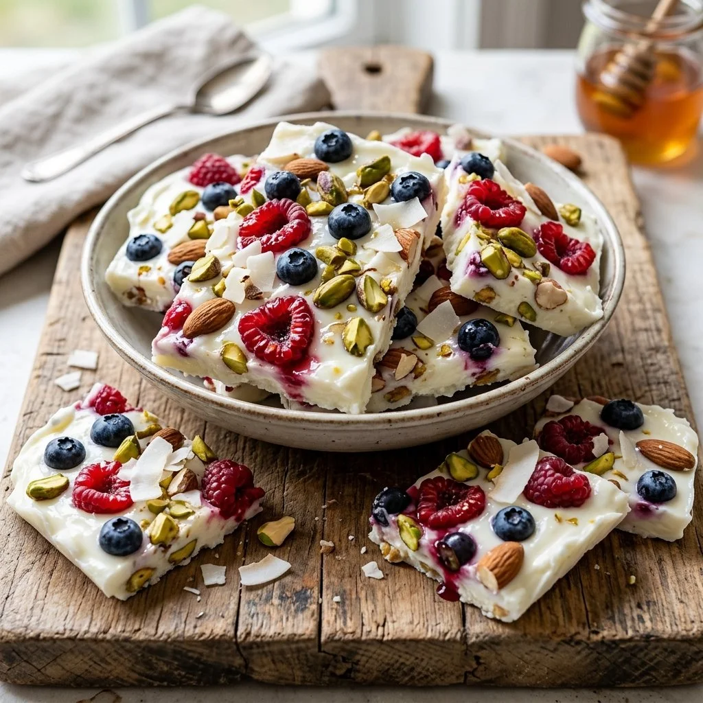 Delicious Greek Yogurt Bark topped with fruits and nuts on a wooden board