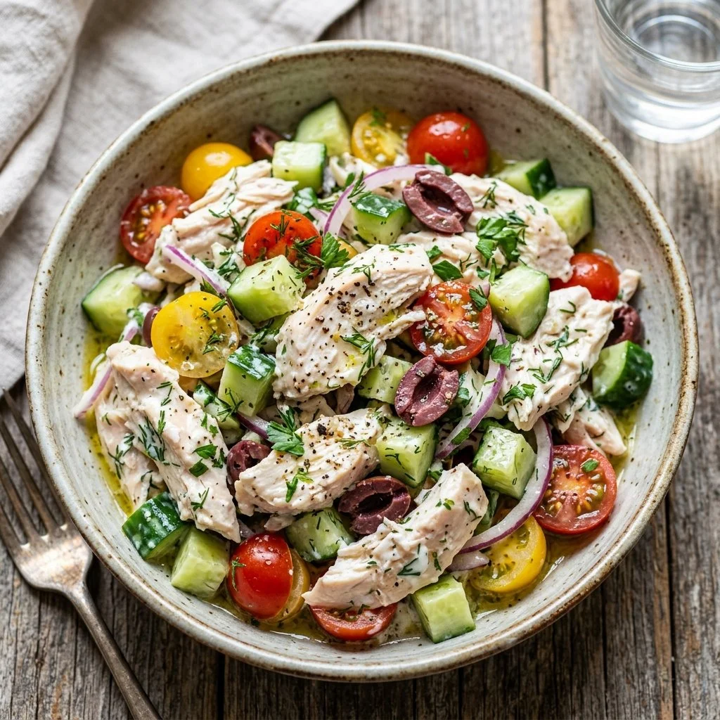 Healthy Greek Yogurt Chicken Salad with fresh vegetables and herbs.