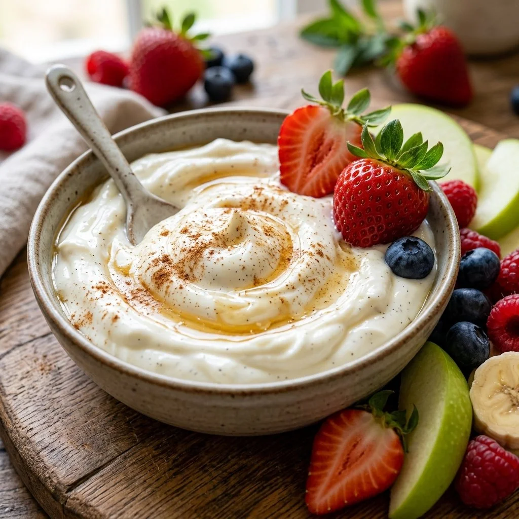 Creamy Greek yogurt fruit dip served with assorted fresh fruits