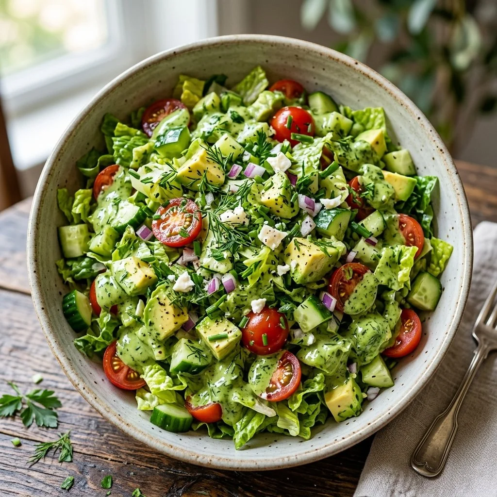 Delicious Green Goddess Salad with fresh greens and creamy dressing