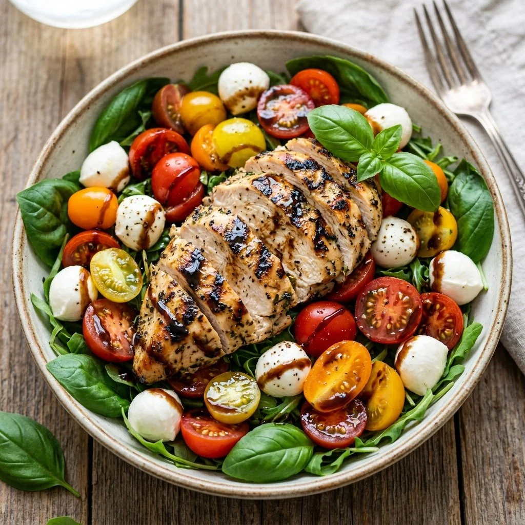 Grilled Chicken Caprese Salad with tomatoes, mozzarella, and fresh basil