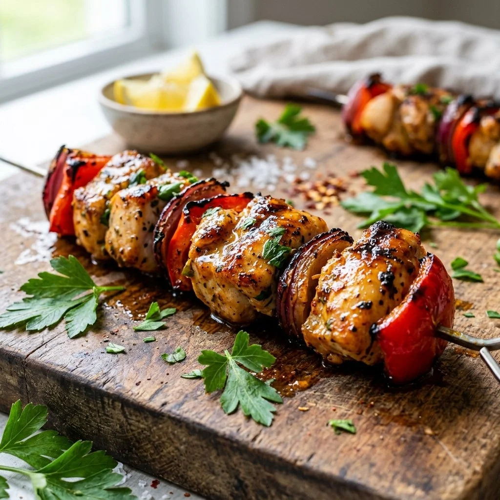 Juicy grilled chicken kabobs served with colorful vegetables