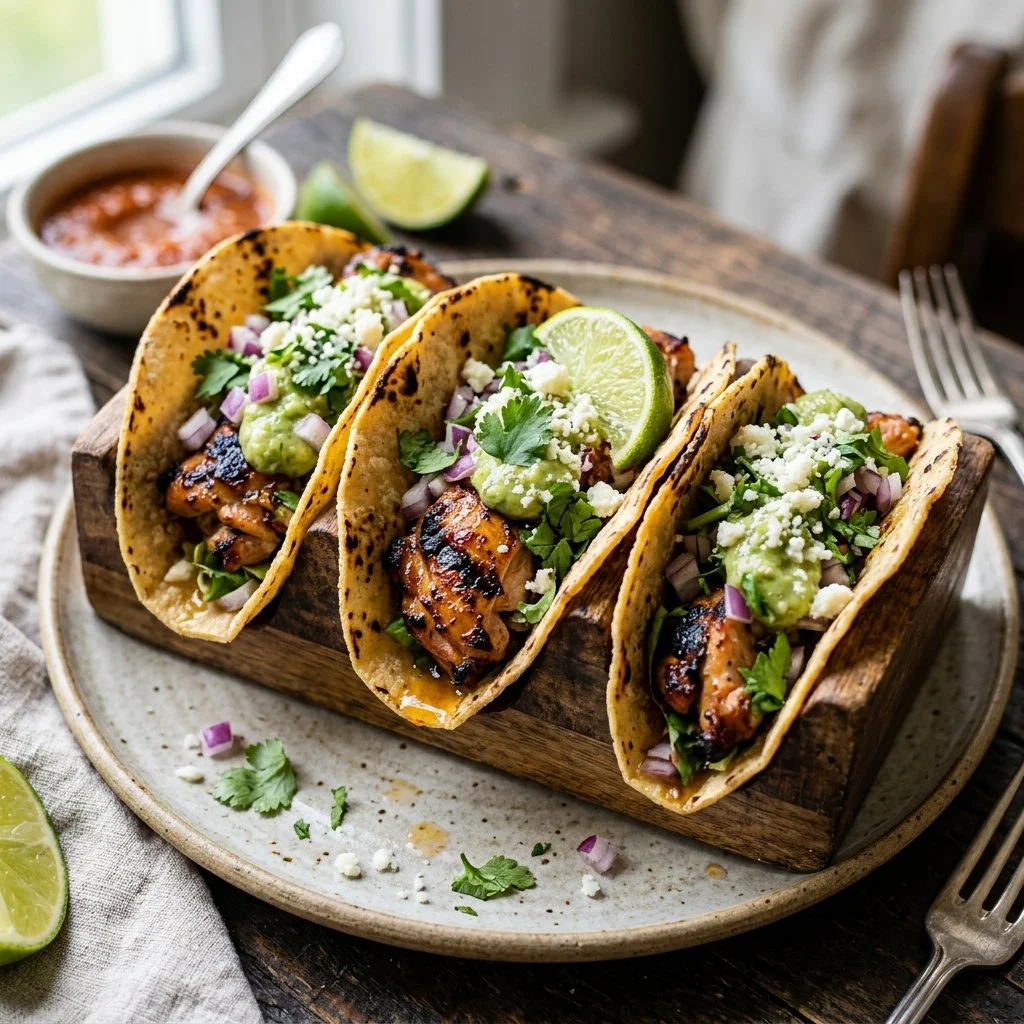 Delicious grilled chicken tacos garnished with fresh vegetables and salsa