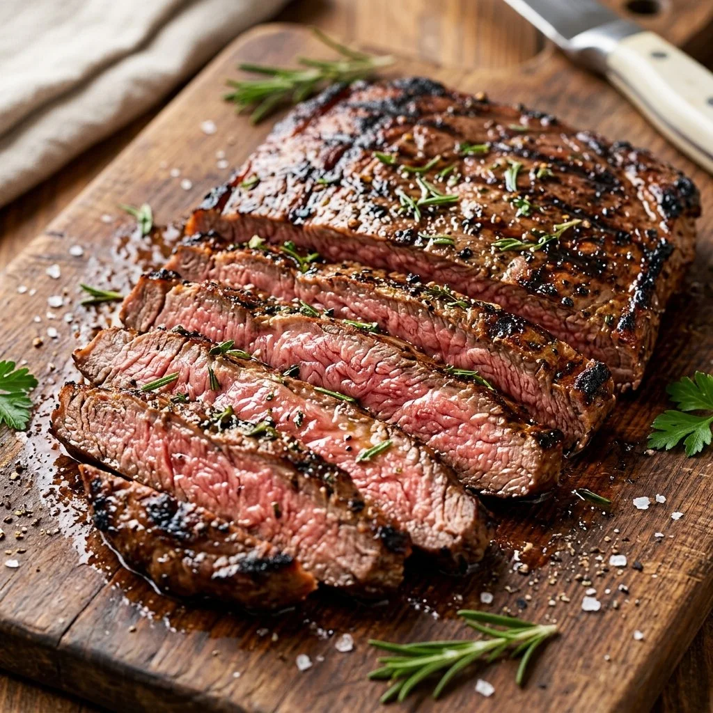 Juicy grilled flank steak on a wooden board with fresh herbs and spices.