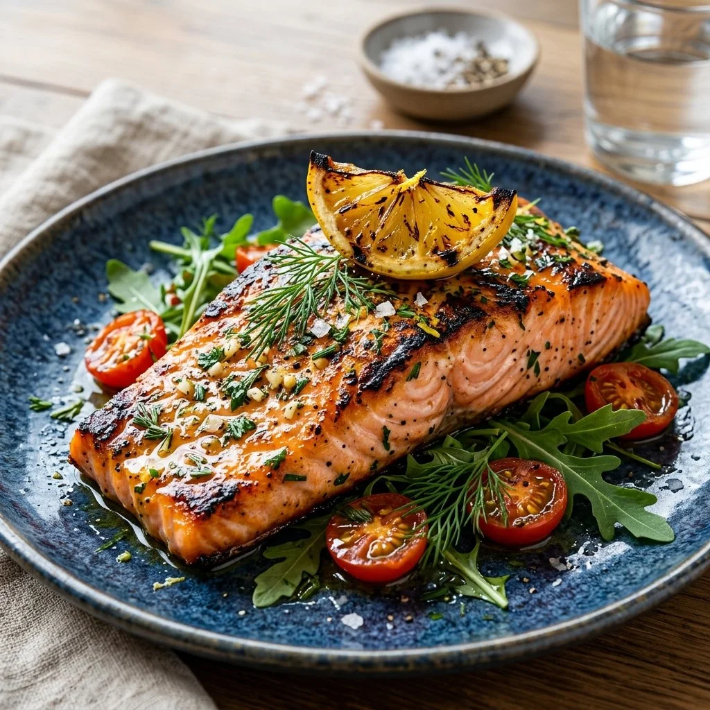 Grilled lemon herb salmon garnished with fresh herbs and lemon slices.