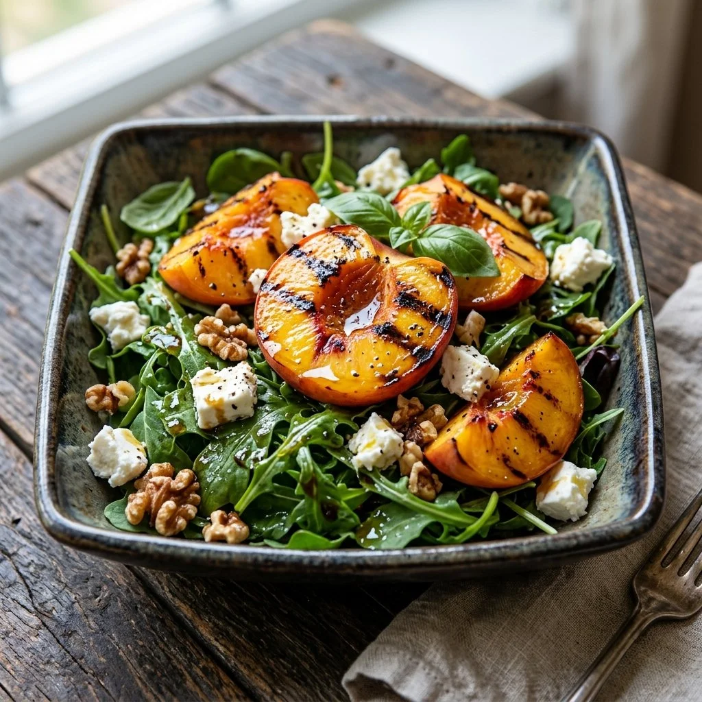 Delicious grilled peach salad with mixed greens and vibrant colors.