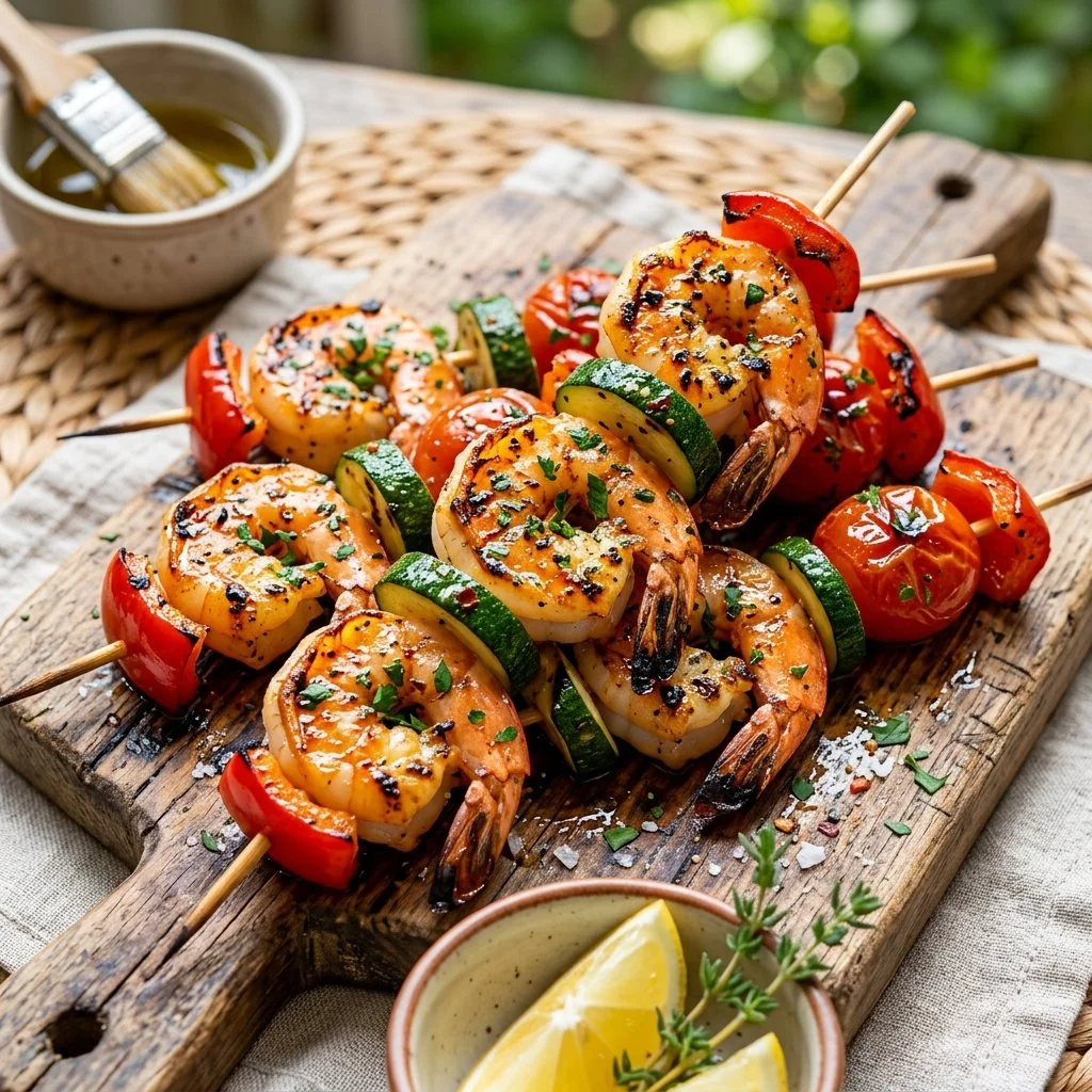 Delicious grilled shrimp skewers ready for the barbecue.