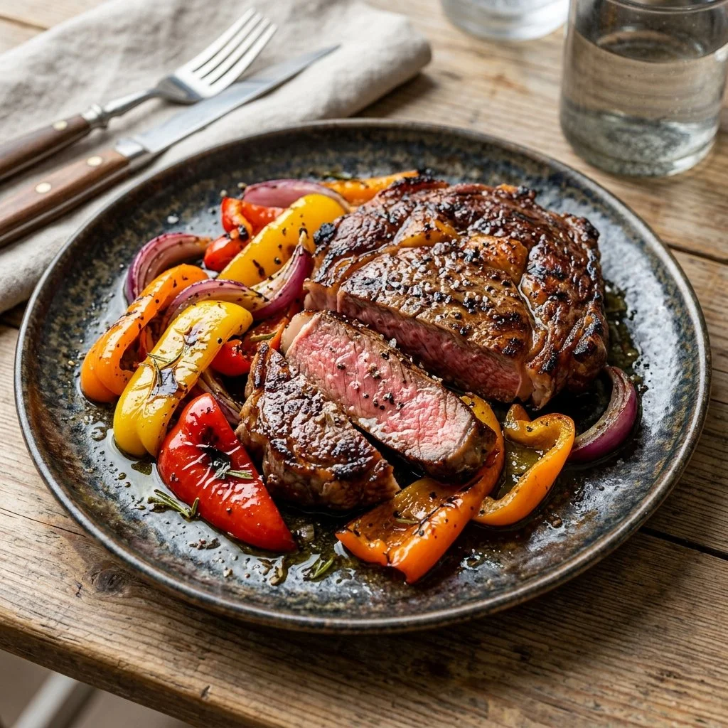 Juicy grilled steak and colorful bell peppers on a plate.