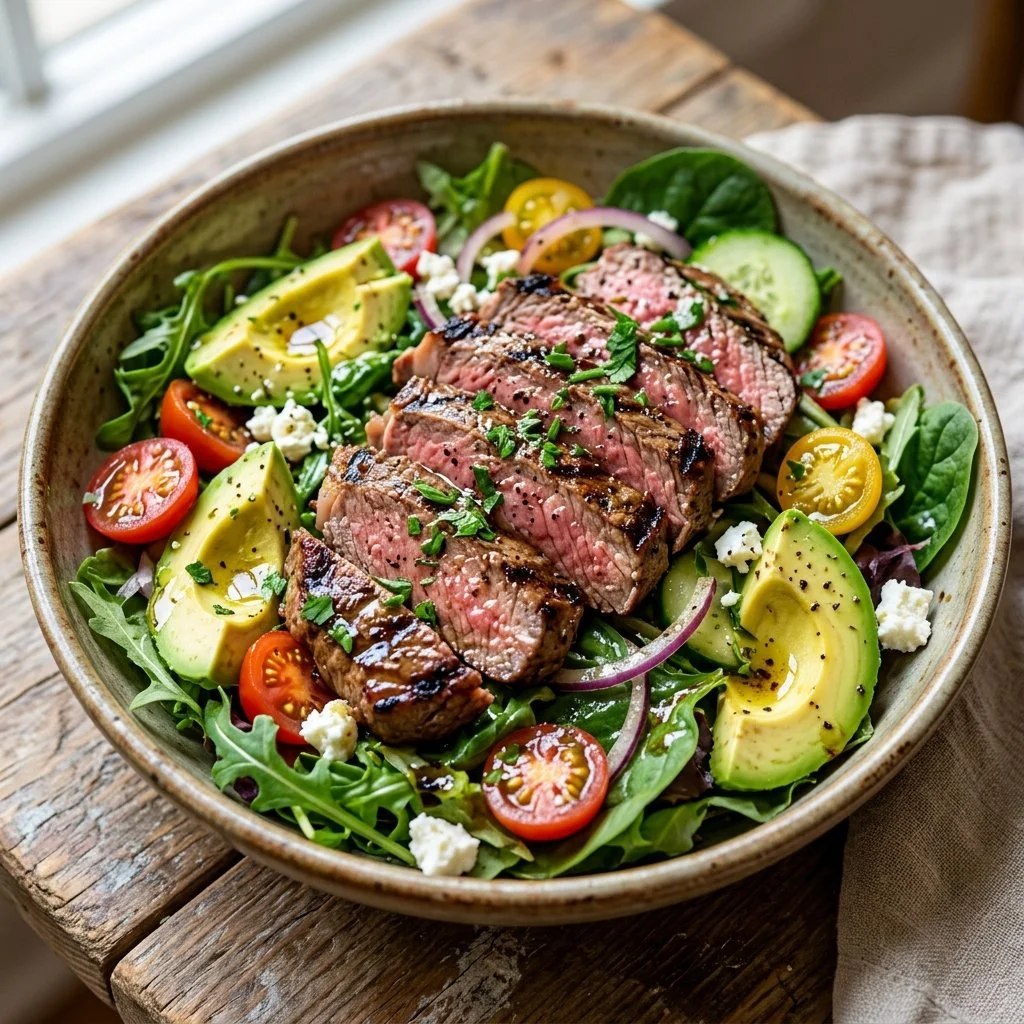 Grilled steak salad with avocado, greens, and fresh ingredients