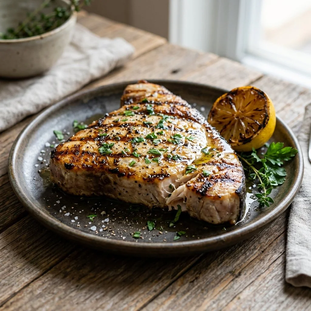 Delicious grilled swordfish served with fresh herbs and lemon.