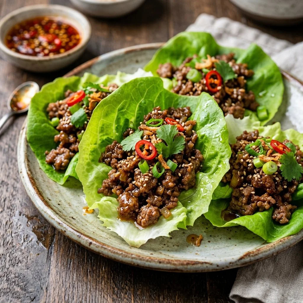 Delicious ground beef lettuce wraps served with fresh vegetables and sauce