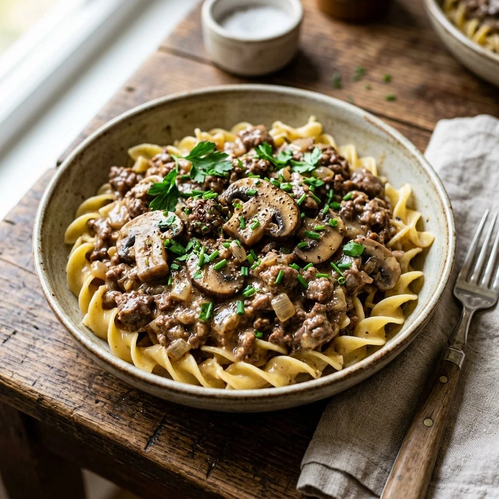 Delicious plate of Ground Beef Stroganoff with noodles and mushrooms