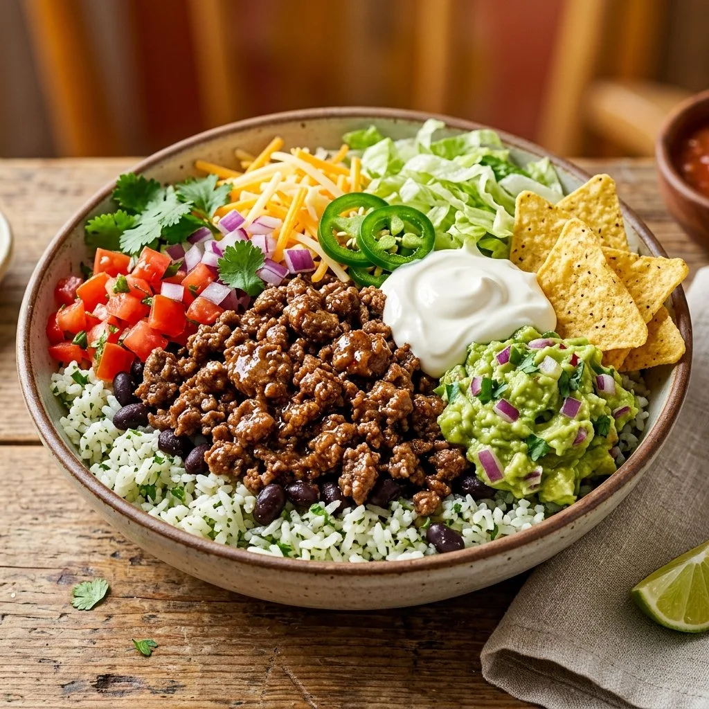 Delicious ground beef taco bowl with toppings and colorful ingredients