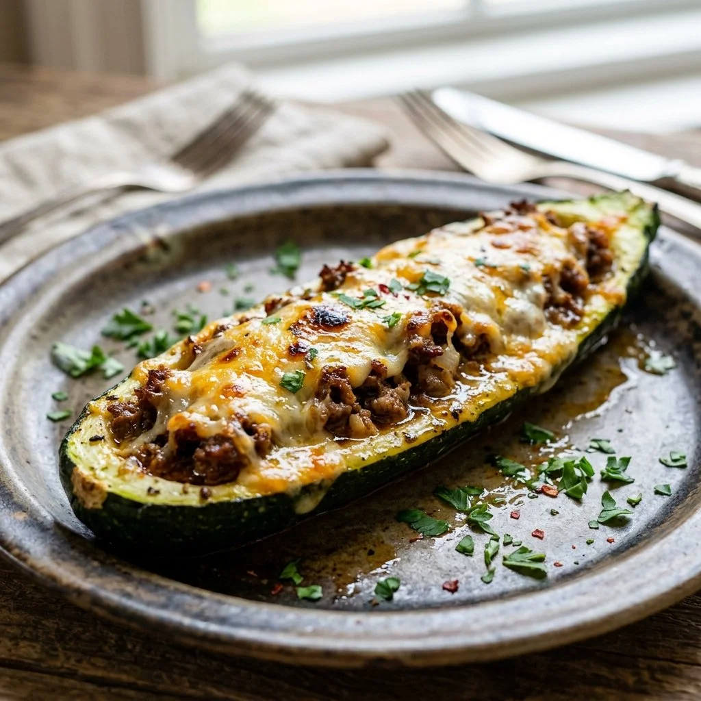 Ground beef zucchini boats filled with seasoned beef and toppings