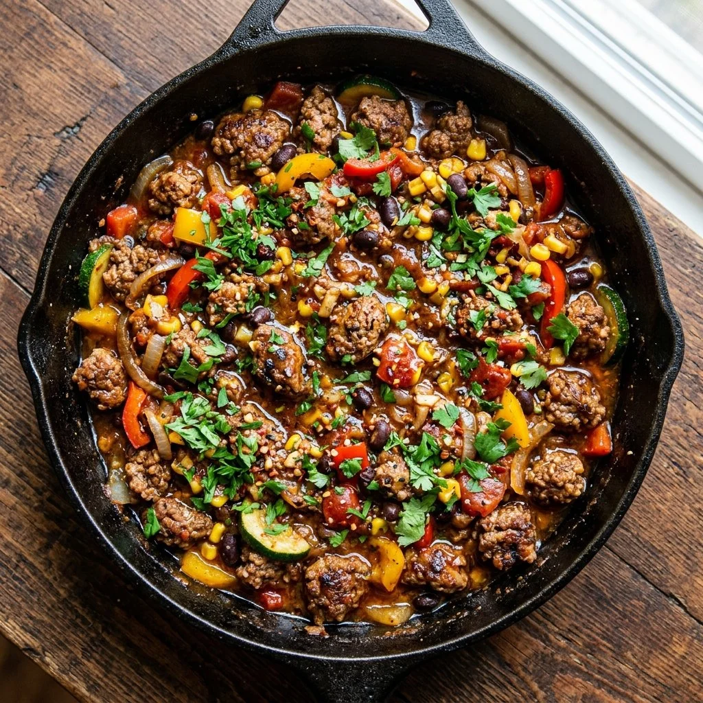 Delicious ground turkey skillet recipe with vegetables and spices