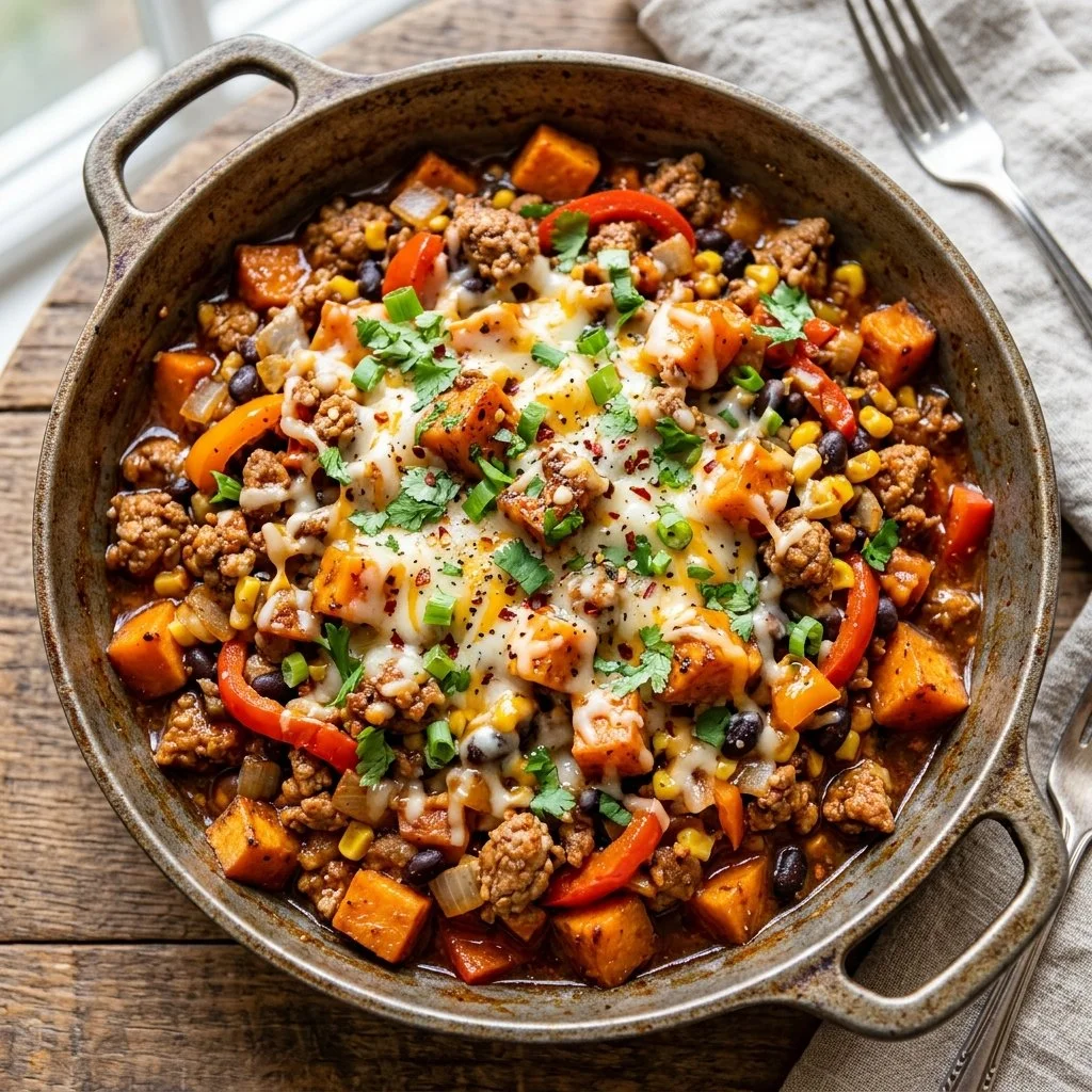 Delicious Ground Turkey Sweet Potato Skillet dish served in a pan