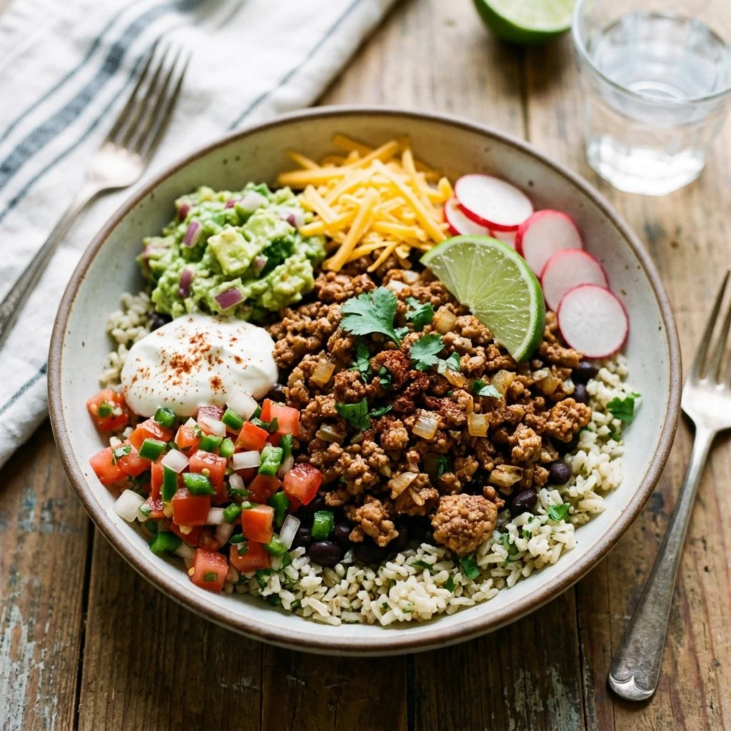 Ground turkey taco bowls with fresh toppings and colorful ingredients