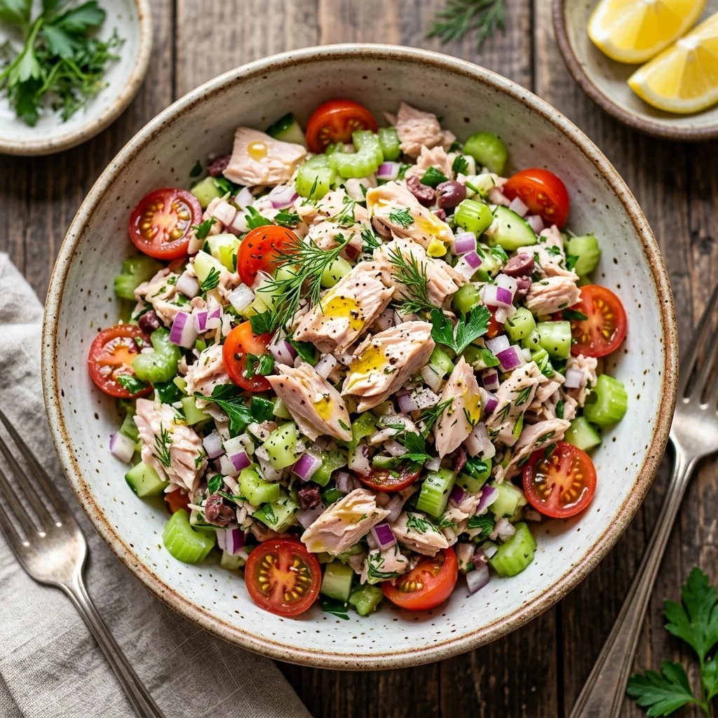 Healthy tuna salad with fresh vegetables and a light dressing
