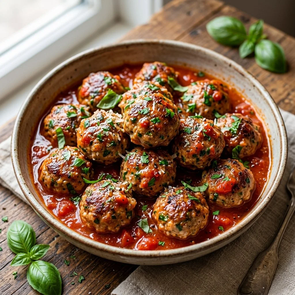 Healthy turkey meatballs served on a plate with fresh herbs