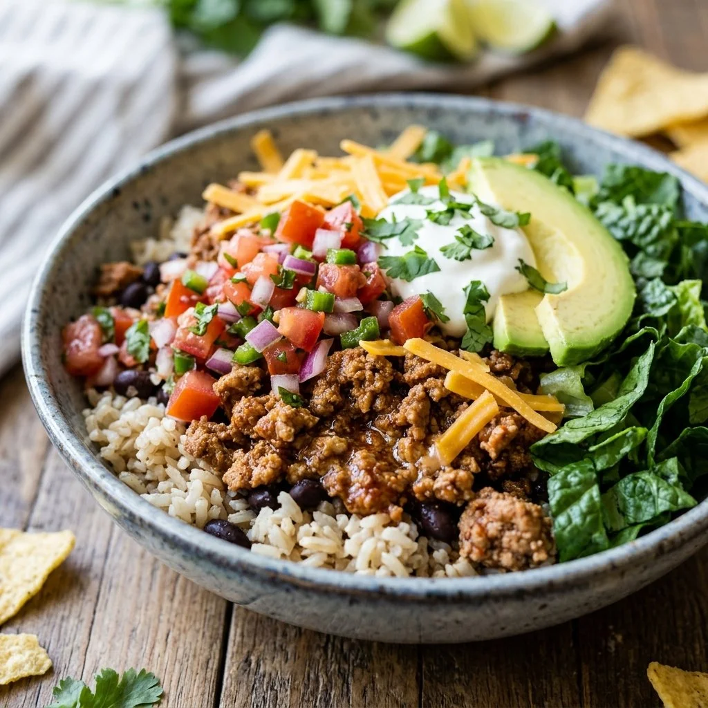 Healthy turkey taco bowls with fresh ingredients and toppings