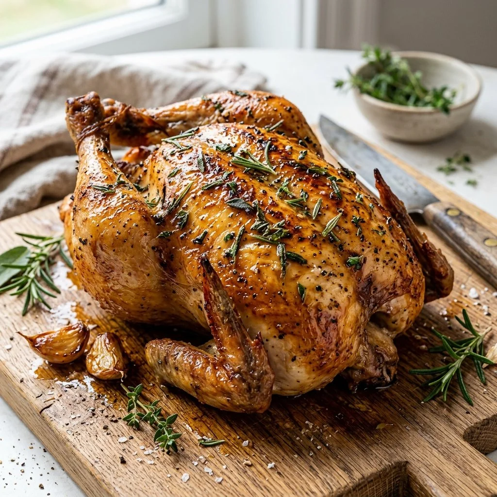 Deliciously herb roasted chicken on a plate garnished with fresh herbs.