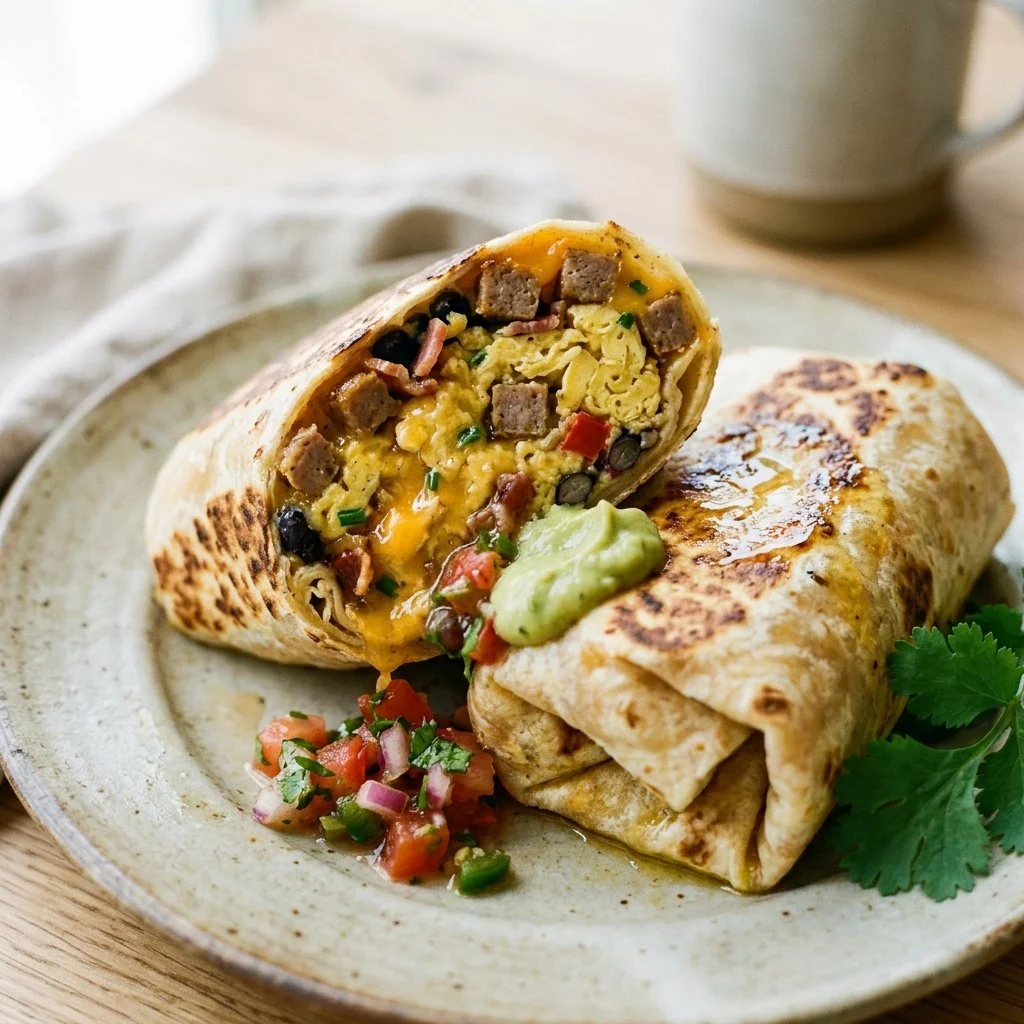 High protein breakfast burritos filled with eggs, beans, and vegetables.