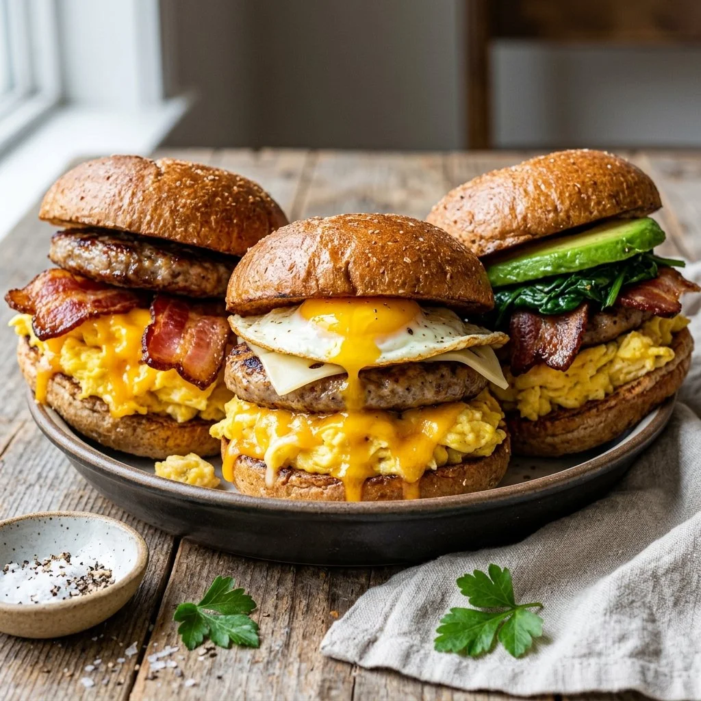 High protein breakfast sandwiches stacked with eggs and veggies for a healthy meal