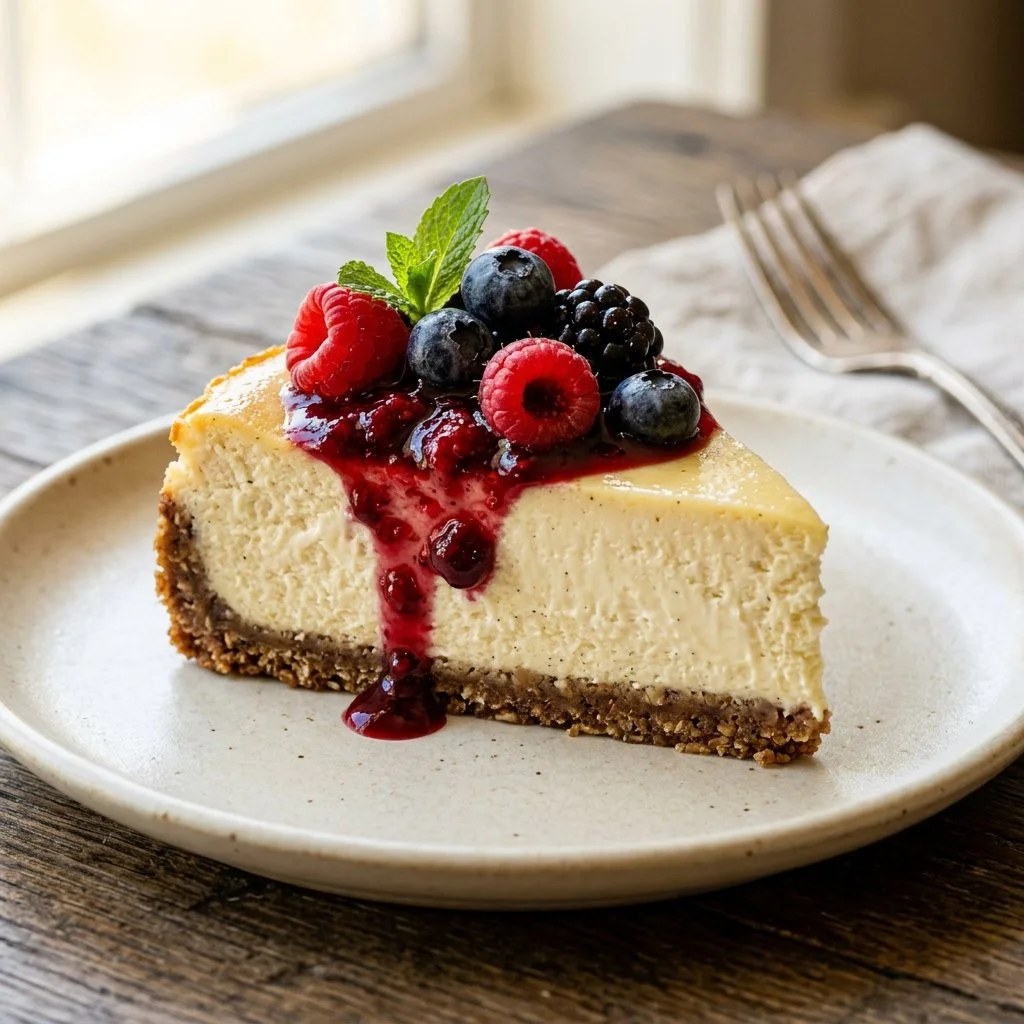 High protein cheesecake topped with berries and drizzled with chocolate