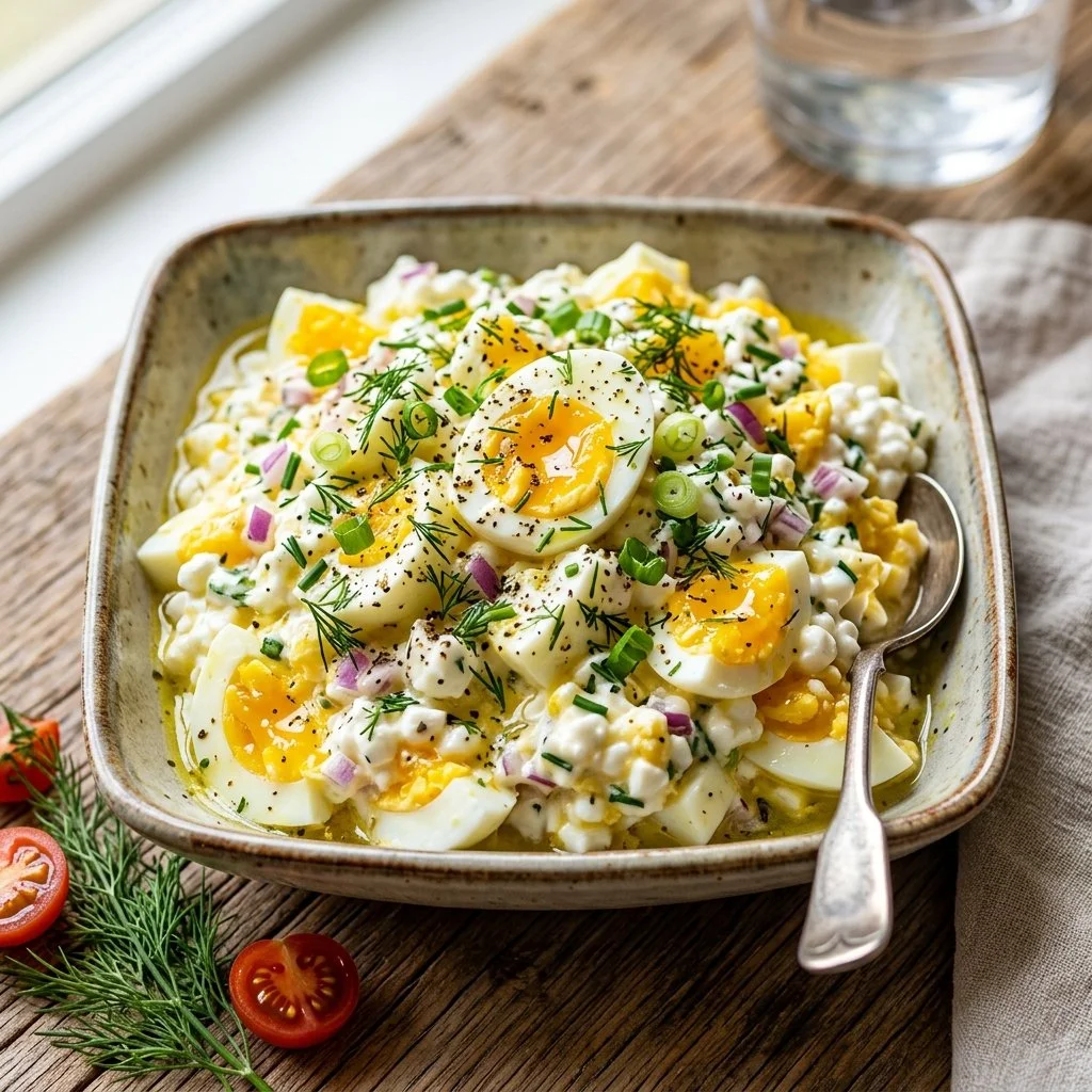 High protein egg salad in a bowl with fresh herbs and ingredients