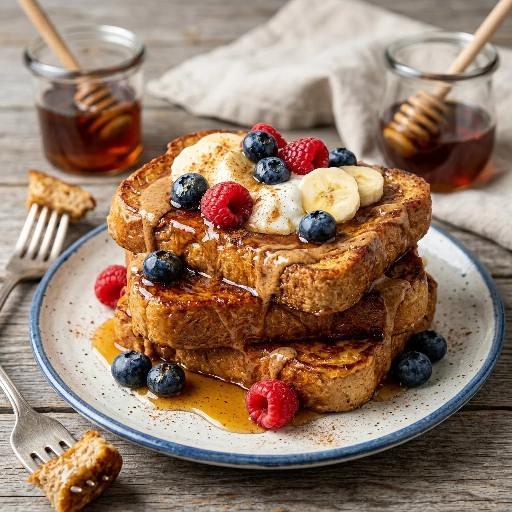 Plate of high protein French toast topped with fresh berries and maple syrup