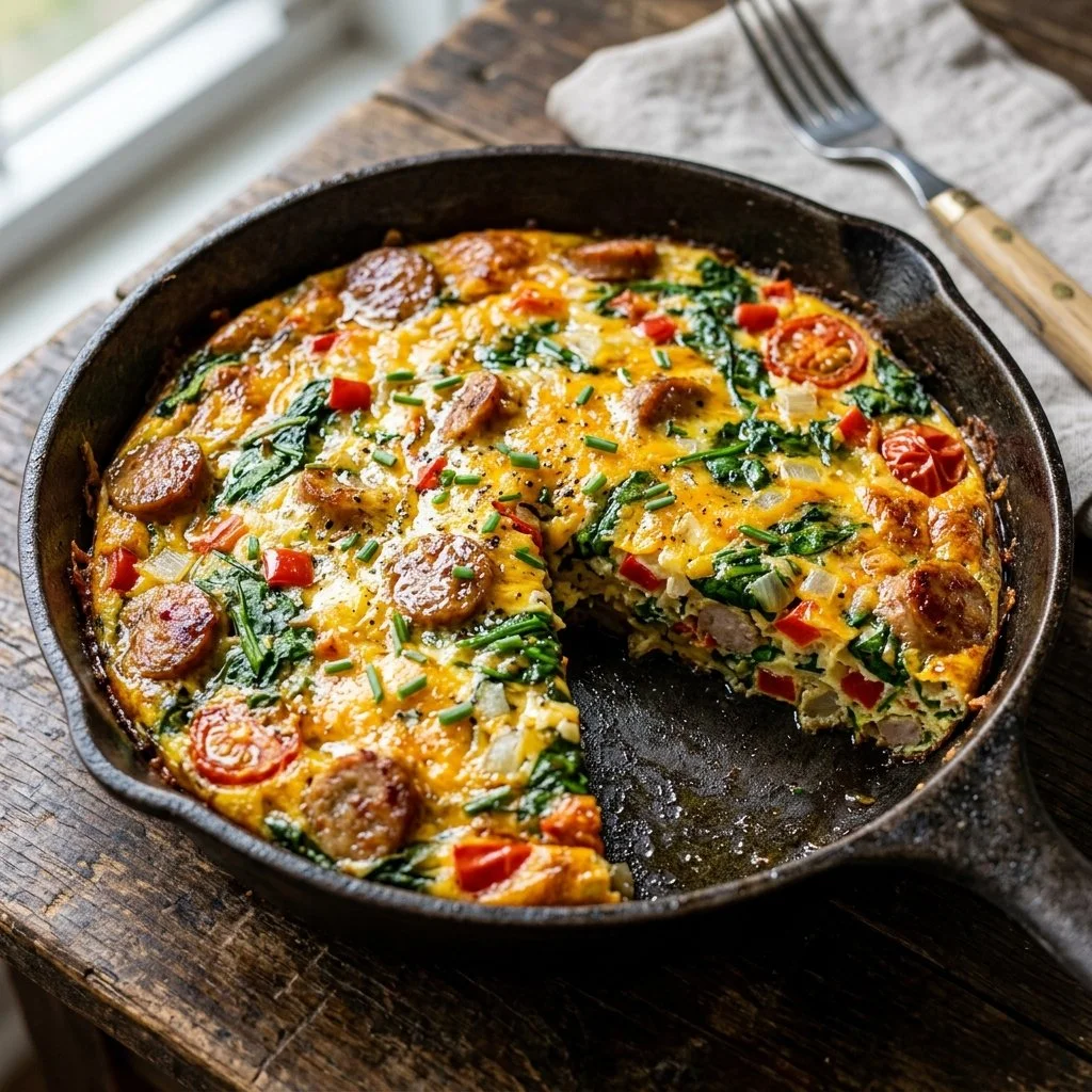 High protein frittata with vegetables and herbs in a skillet dish