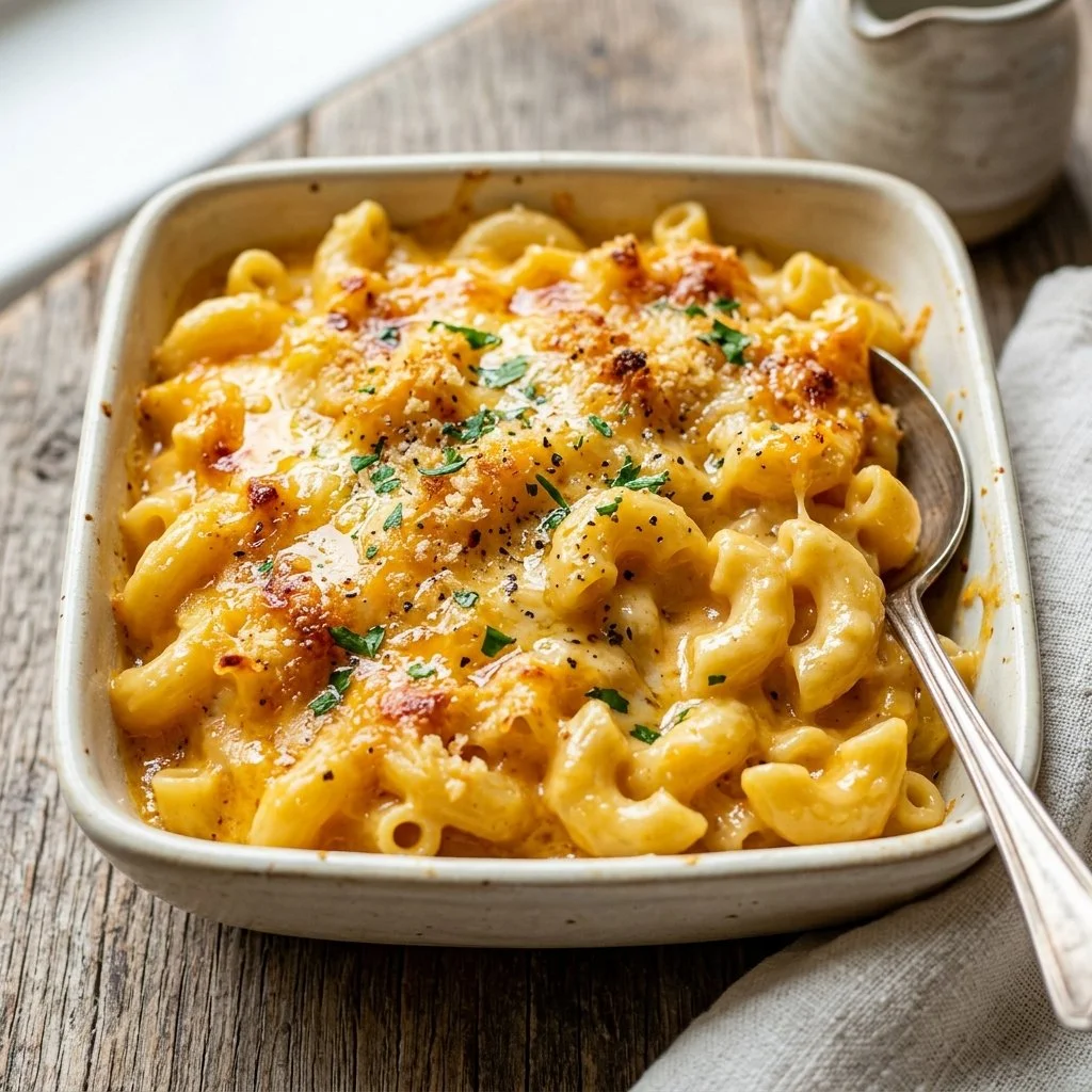 A bowl of high protein mac and cheese with cheese, pasta, and herbs.