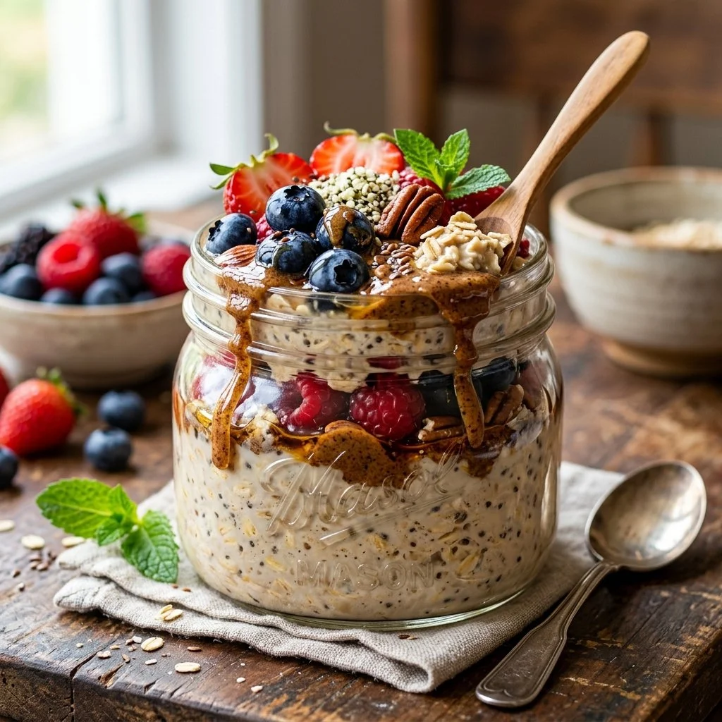 Bowl of high protein overnight oats topped with fresh fruits and nuts
