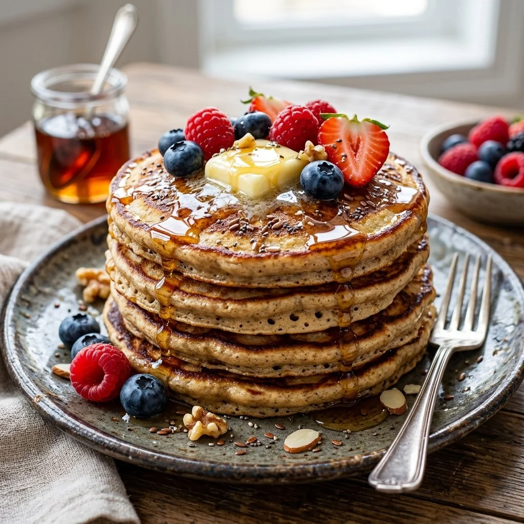 High protein pancakes stacked with syrup and fresh berries