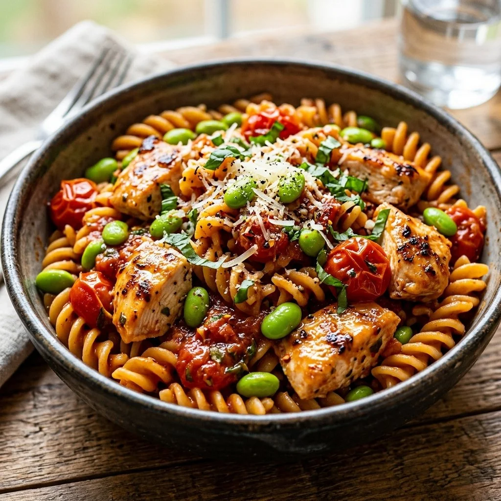 High protein pasta dish garnished with fresh herbs and vegetables
