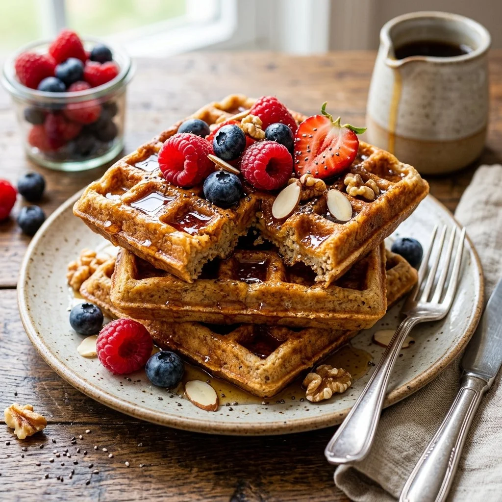 Delicious high protein waffles topped with fresh berries and syrup